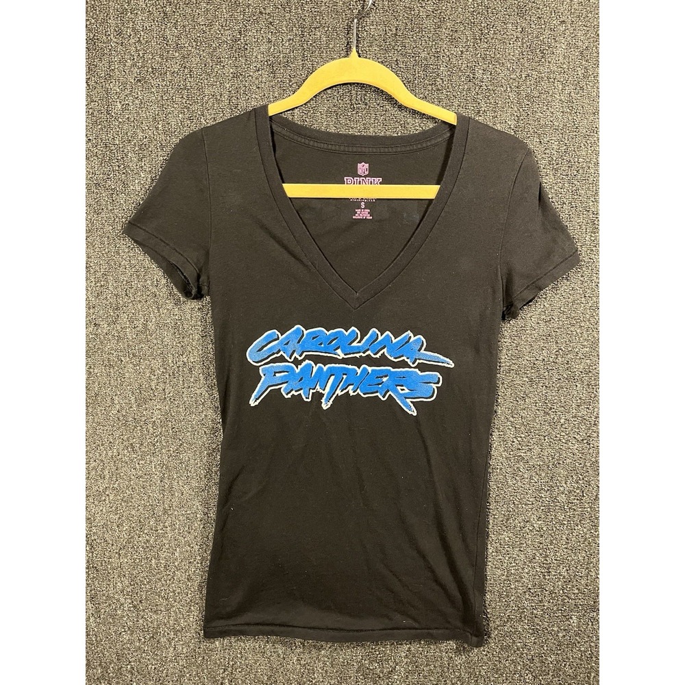 PINK Victoria's Secret Carolina Panthers V-Neck T Shirt Womens Small NFL Black